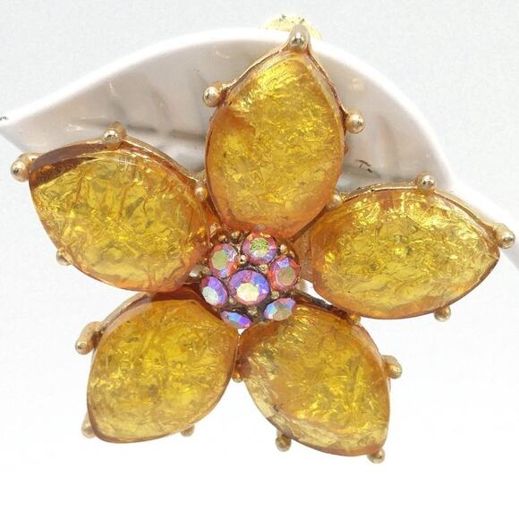 Vintage Gold Foil Floral Clip Earrings, Pink AB Rhinestone Centers, 1 3/8 Inches - Picture 2 of 9